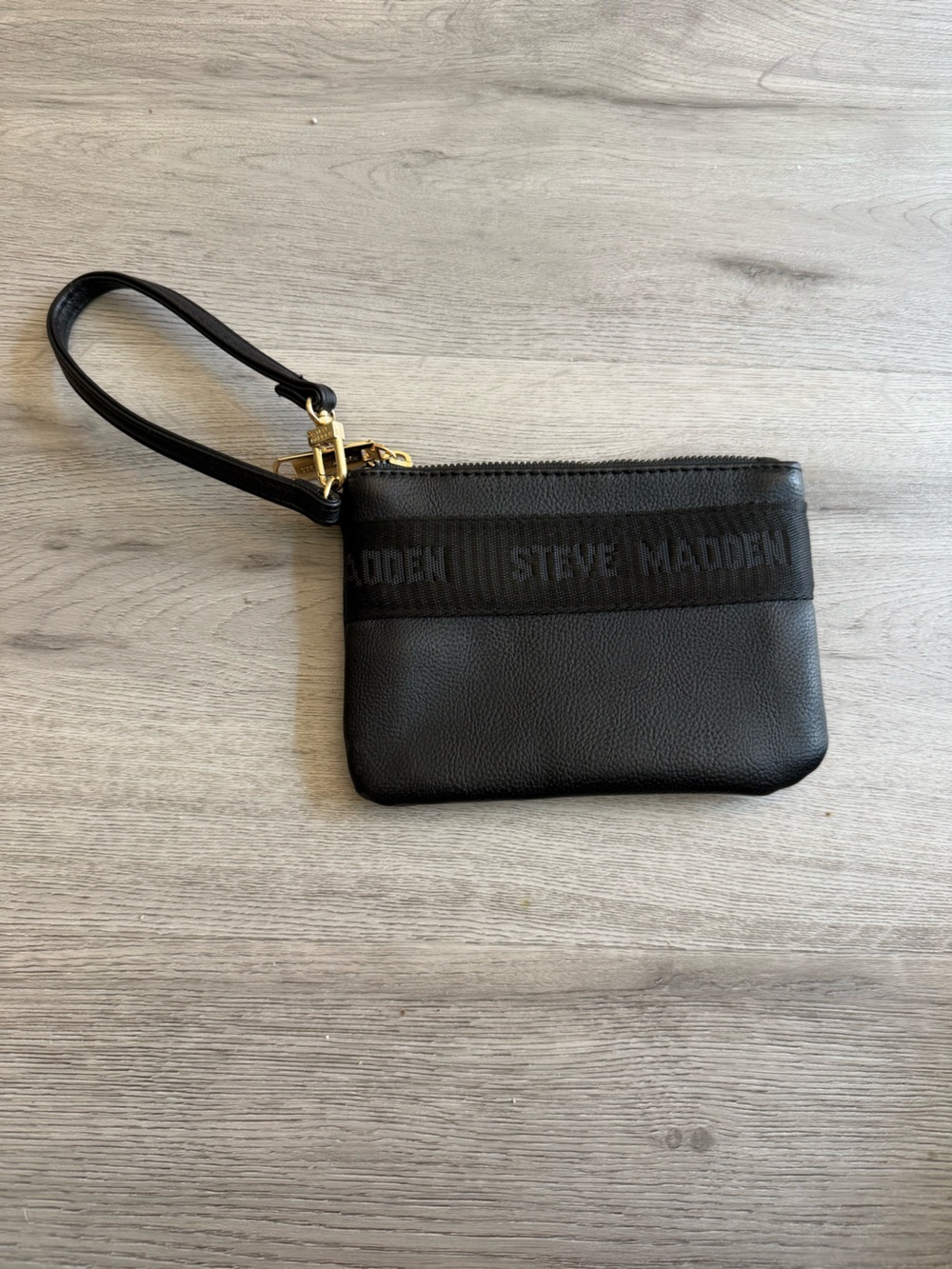 Steve Madden Black Leather Wristlet with Branded Webbing